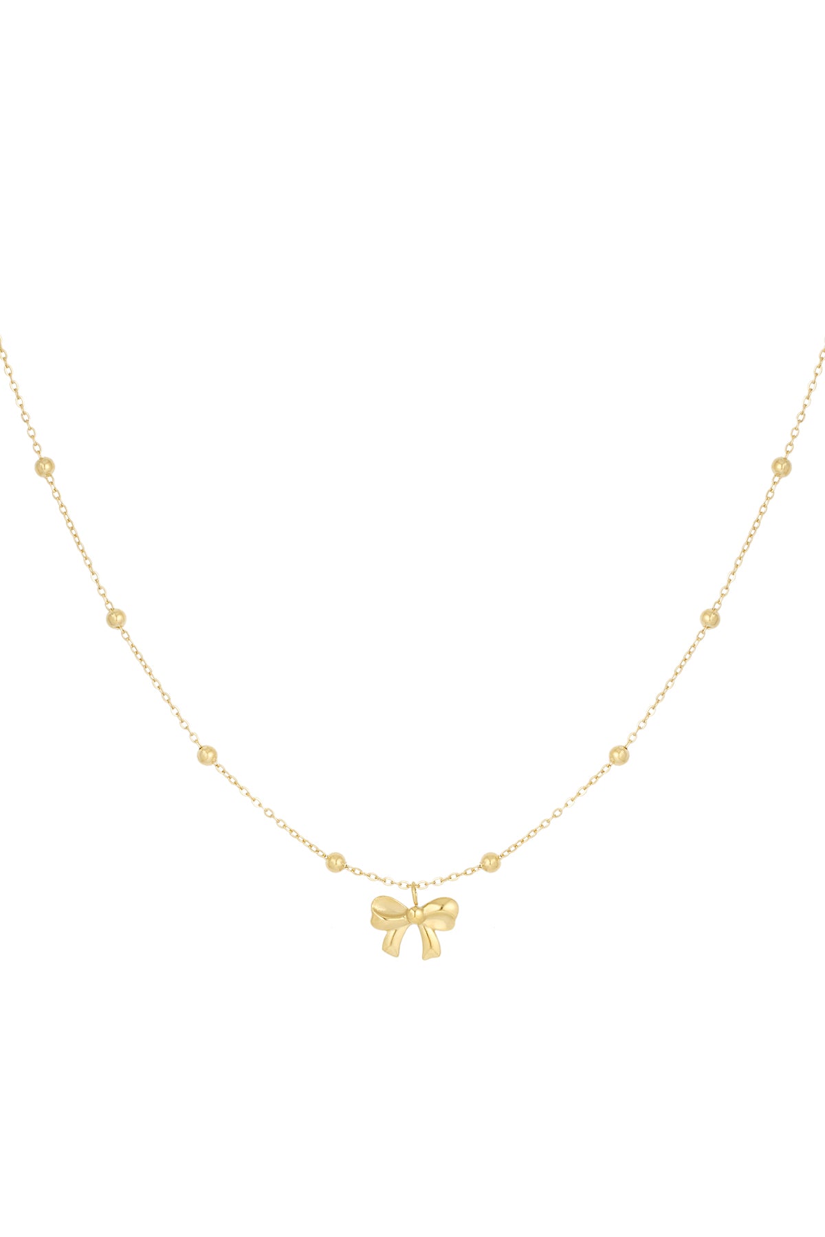 Gold delicate chain necklace with small round beads and a central bow pendant on a white background