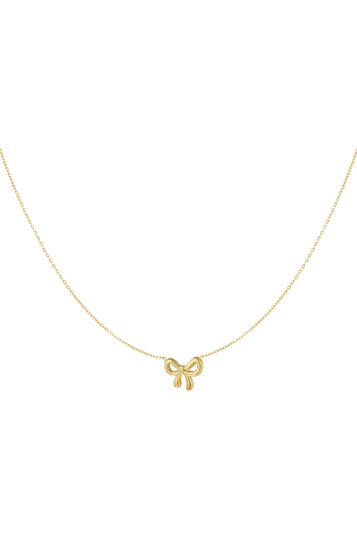 Delicate gold bow pendant necklace on a fine chain displayed on white background