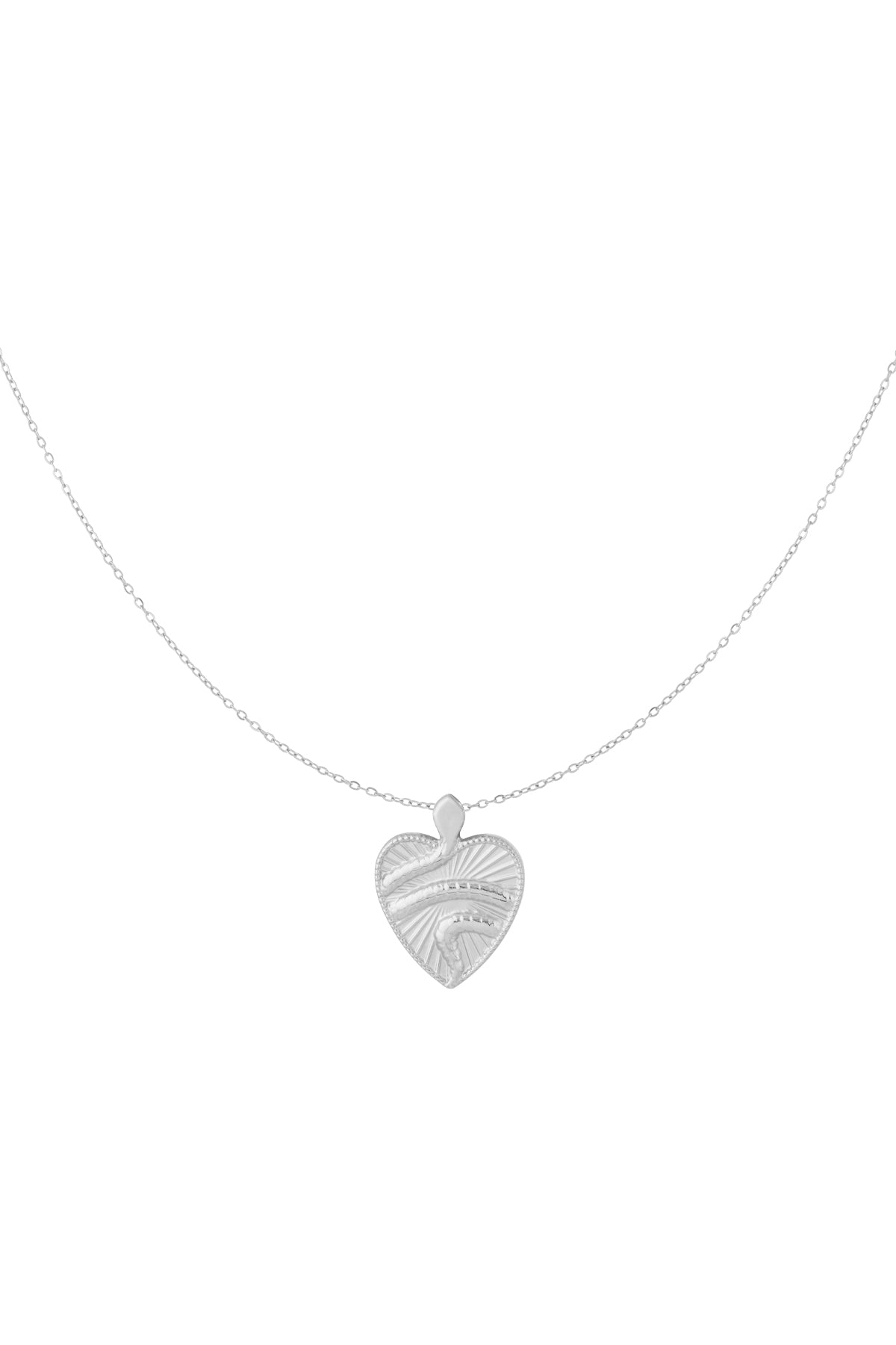 Silver textured heart pendant necklace on white background highlighting its fine chain and detailed heart shape