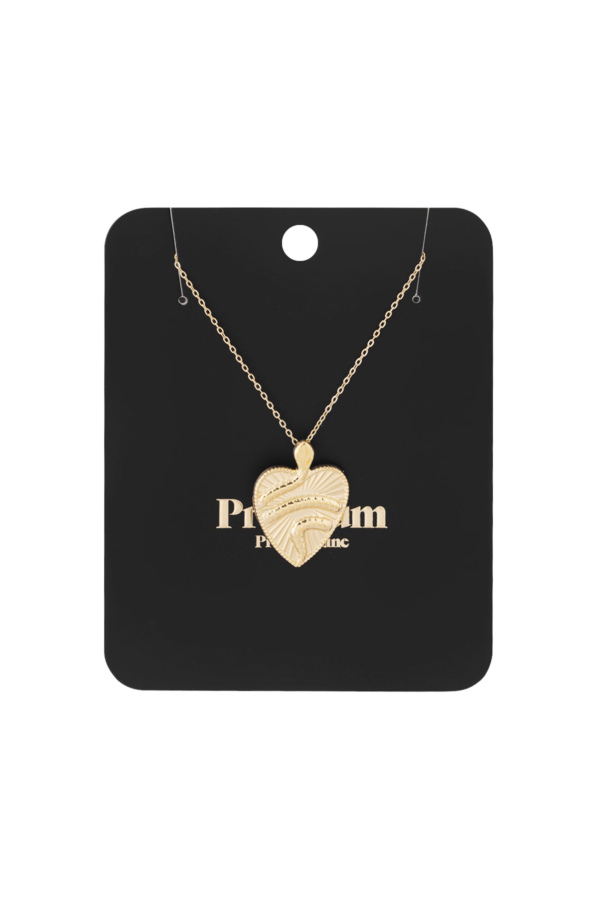 Gold textured heart pendant necklace displayed on black card packaging labelled Premium