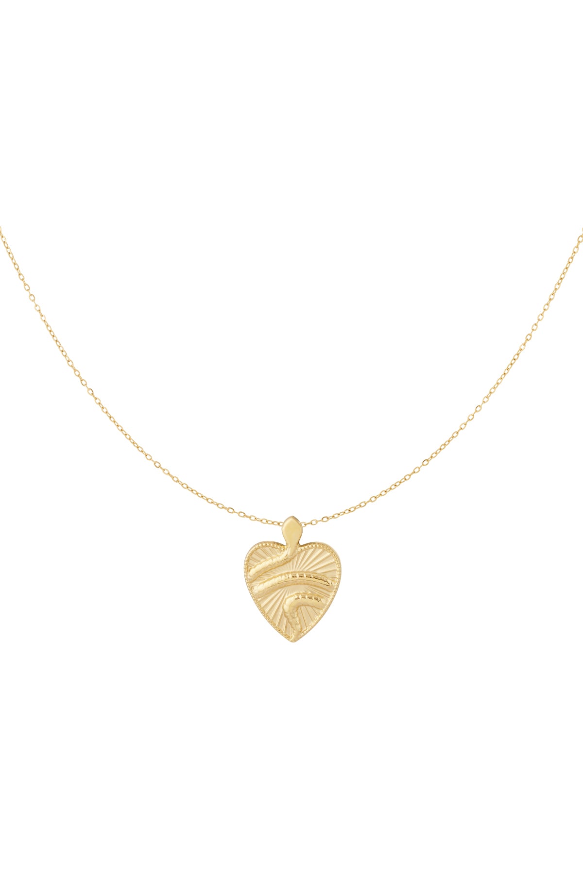 Gold textured heart pendant necklace on white background showing delicate chain and unique wave design
