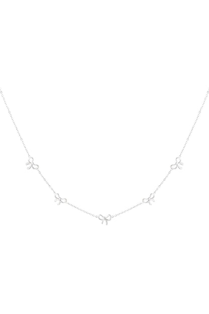 Silver-tone delicate chain necklace with five small bow charms evenly spaced on white background
