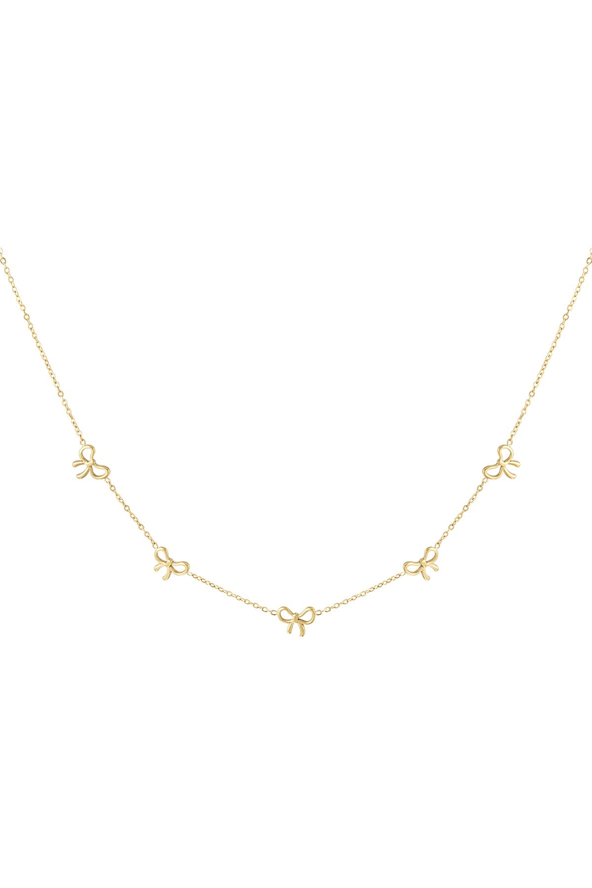 Gold-tone delicate chain necklace with five small bow charms evenly spaced