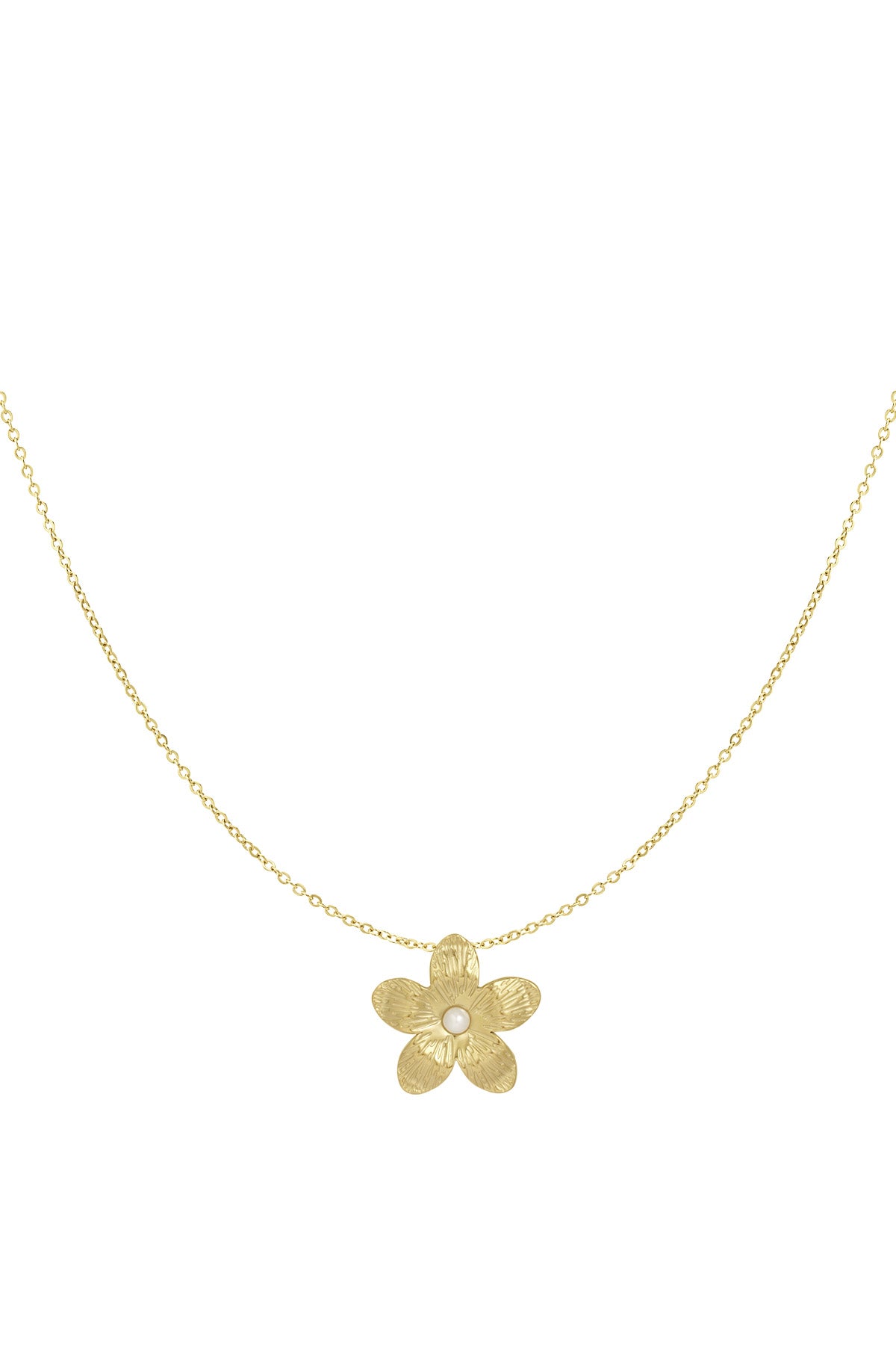 Gold necklace with a textured five-petal flower pendant featuring a small pearl in the centre