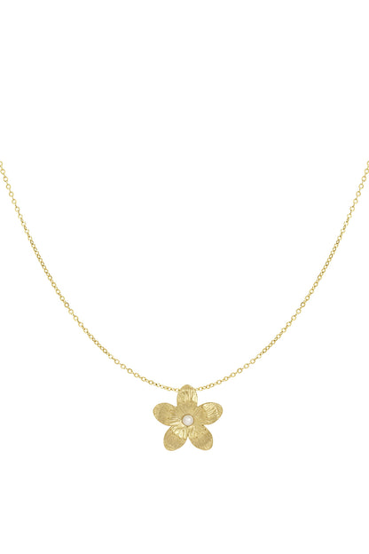 Gold necklace with a textured five-petal flower pendant featuring a small pearl in the centre