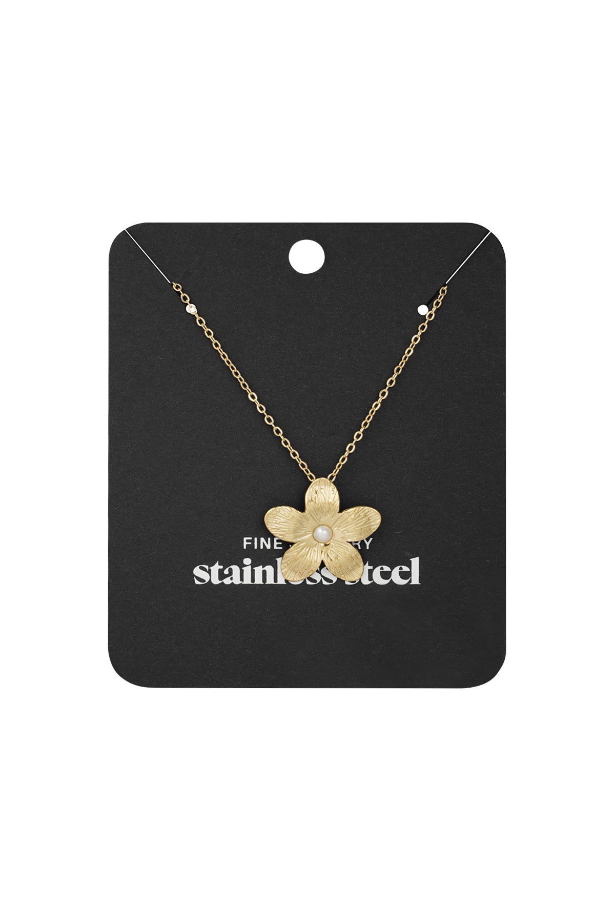 Gold flower pendant necklace displayed on a black card labelled 'stainless steel fine jewelry'