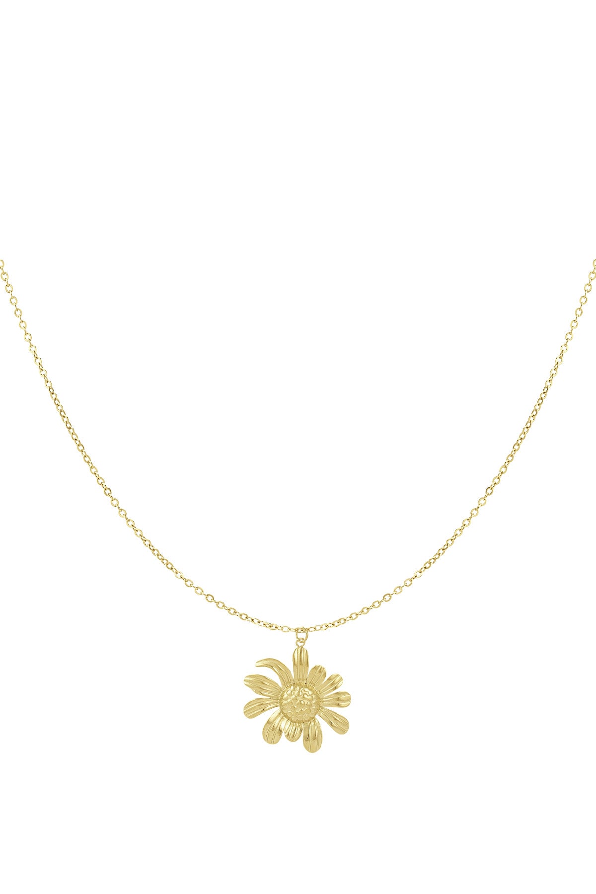 Close-up view of a golden daisy pendant hanging from a delicate chain against a white background