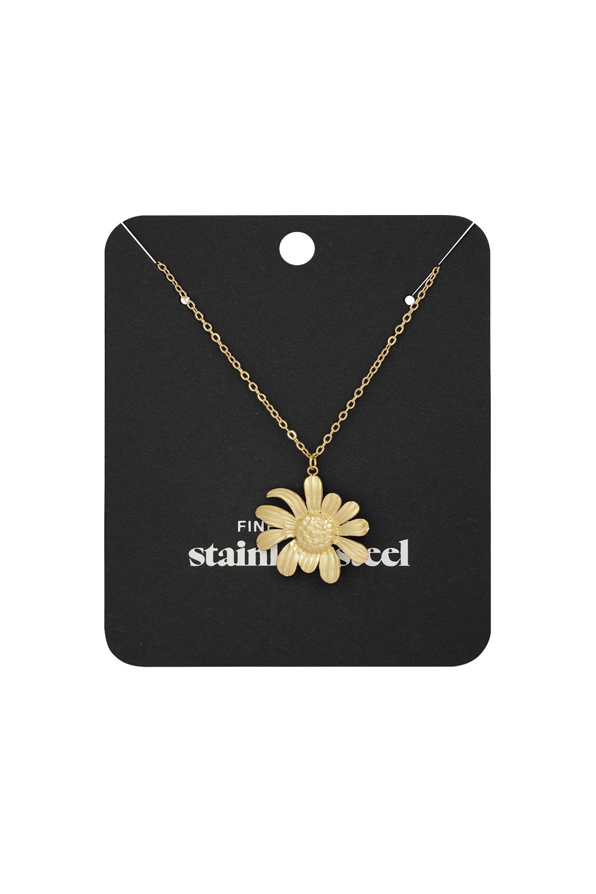 Golden daisy pendant necklace displayed on black branded packaging card highlighting fine stainless steel craftsmanship
