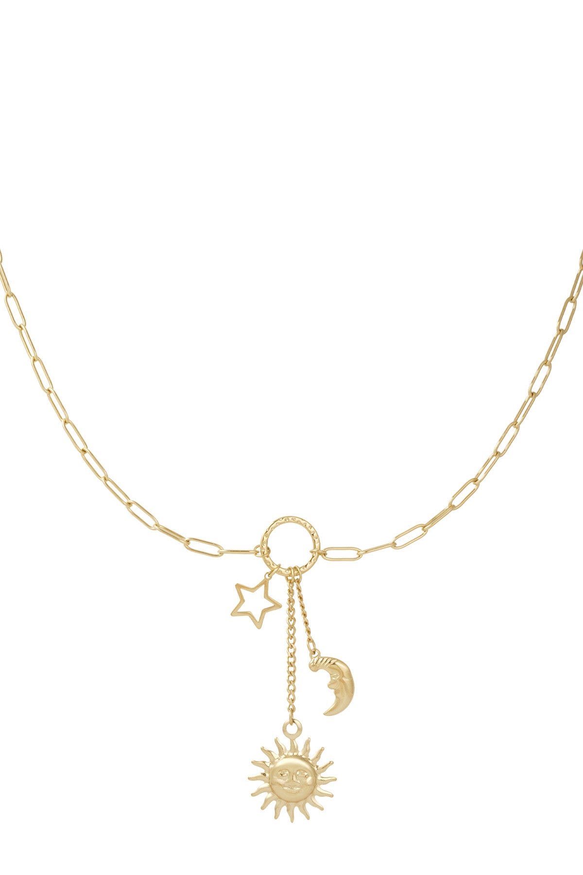 Gold-tone celestial charm necklace featuring sun, moon and star pendants on delicate paperclip chain against white background