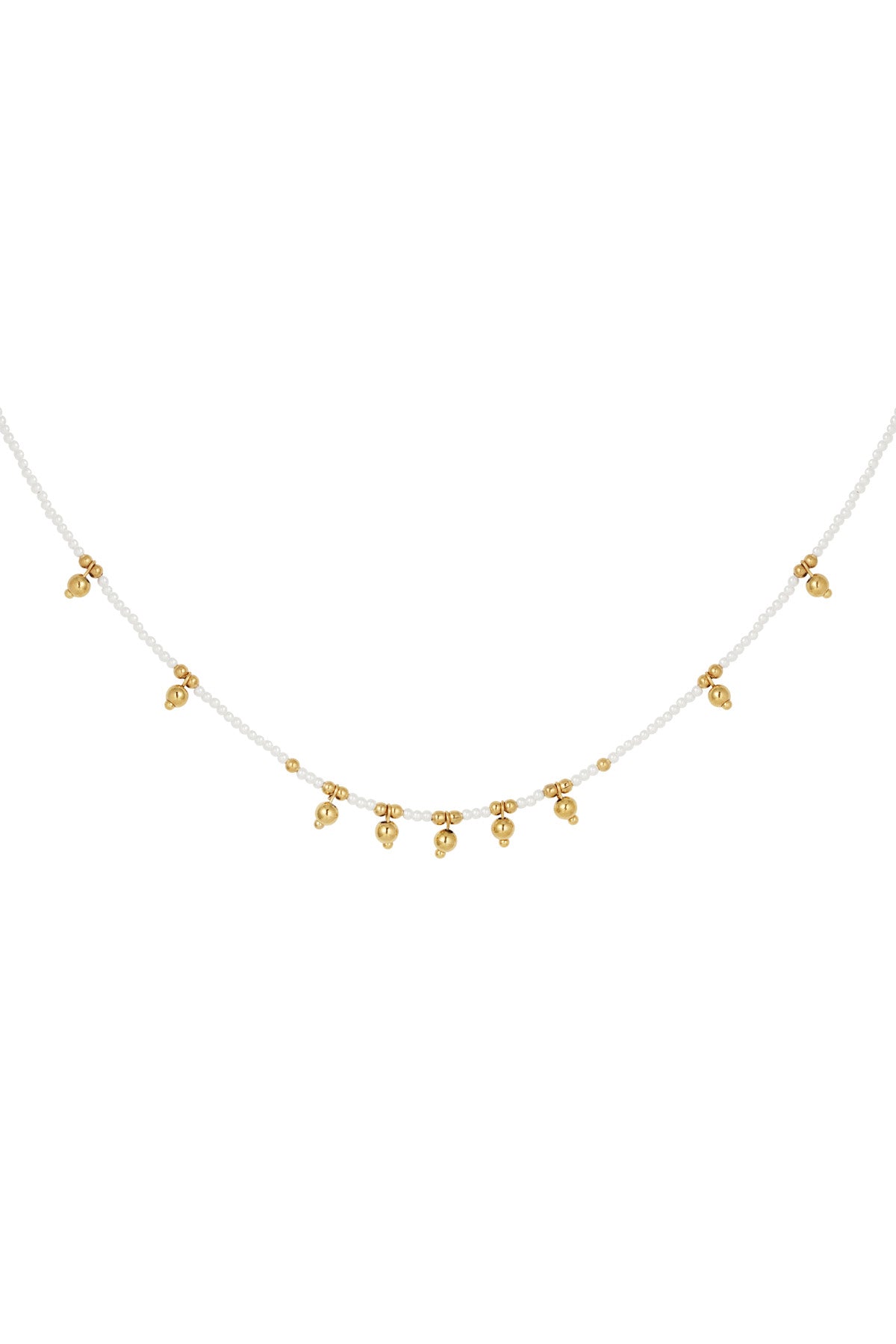 Close-up of delicate beaded necklace featuring small white beads and evenly spaced gold bell charms on a white background