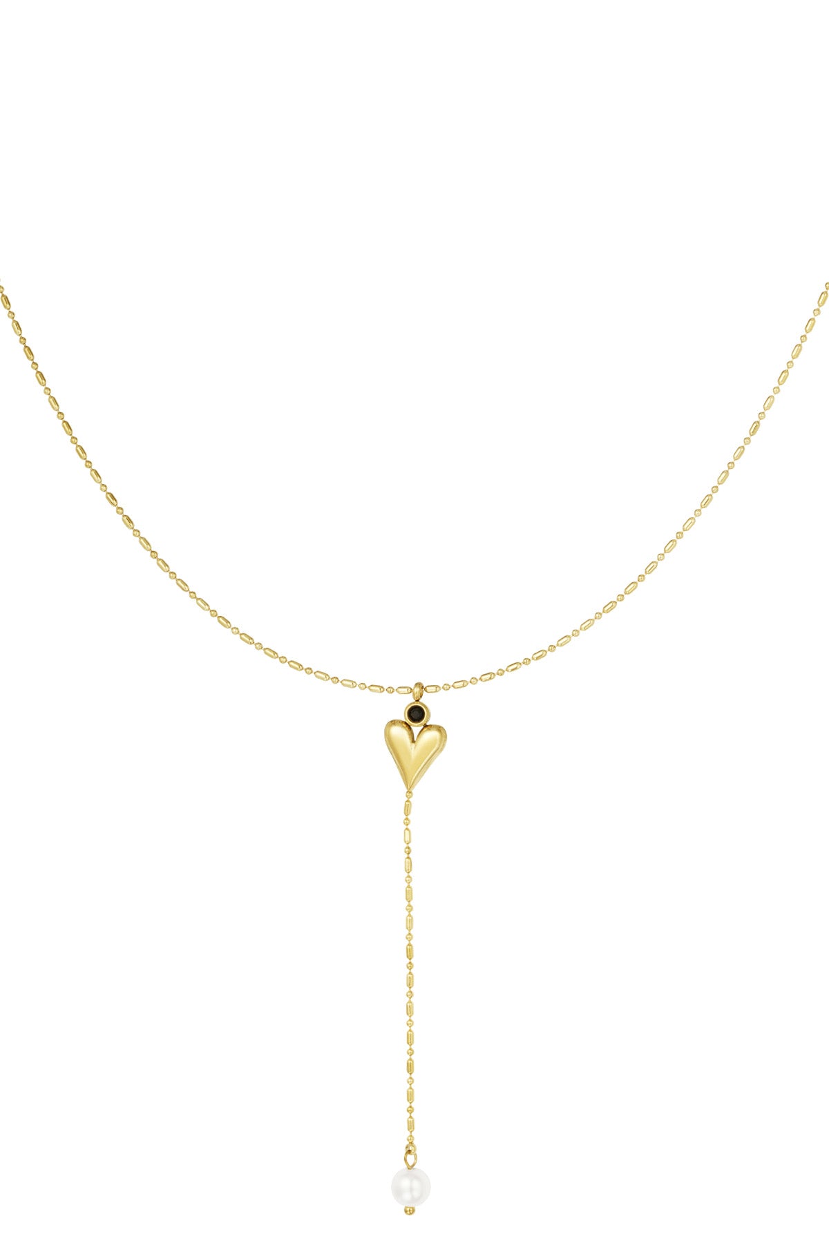 Gold-tone necklace with heart pendant featuring black gemstone and dangling chain ending in white pearl on white background