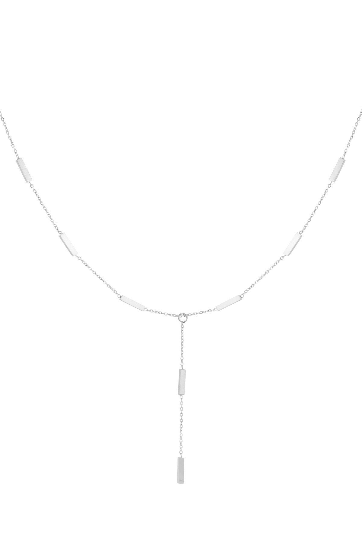 Silver-tone chain necklace with rectangular bar pendants and a drop pendant detail on a white background