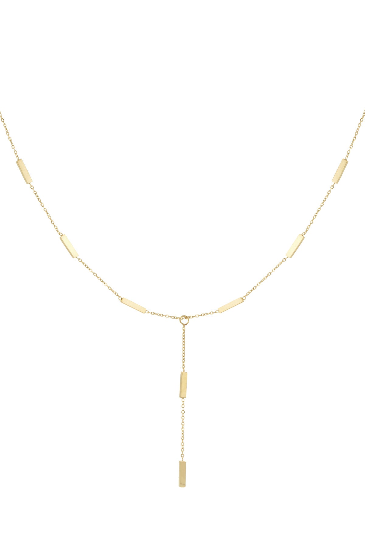 Modern gold-tone chain necklace with rectangular bar pendants and a drop pendant detail on a white background