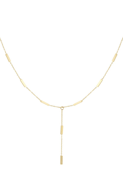 Modern gold-tone chain necklace with rectangular bar pendants and a drop pendant detail on a white background