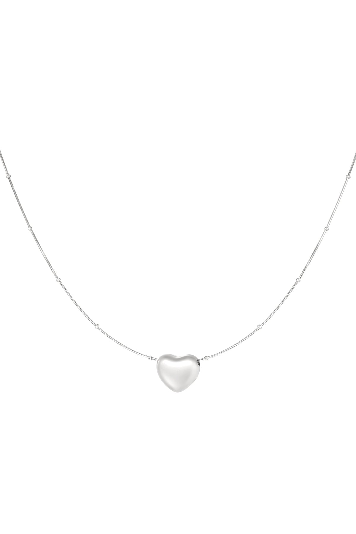 Silver heart pendant necklace with spaced beads on chain displayed on a white background