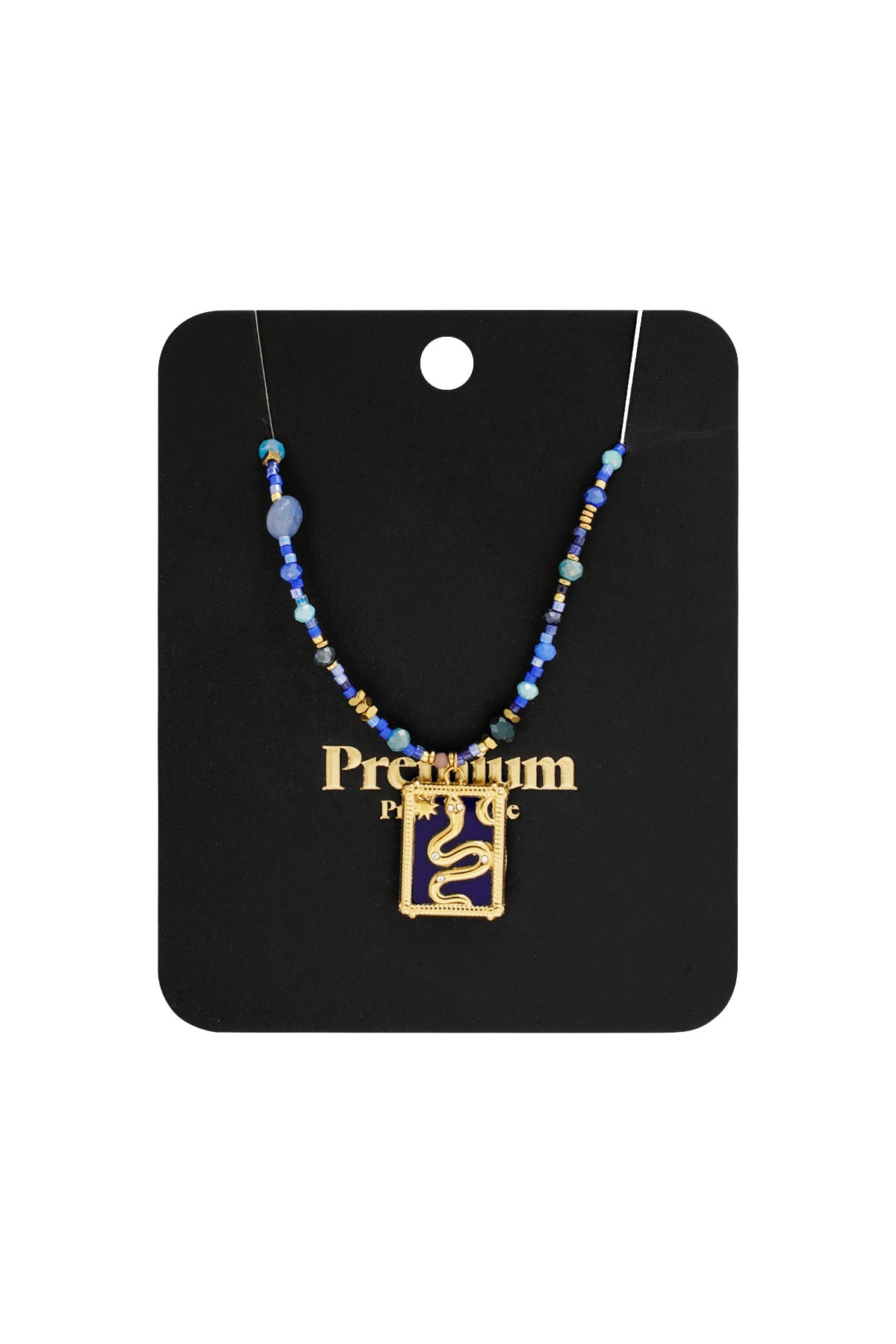 Blue beaded snake necklace displayed on a black Premium packaging card