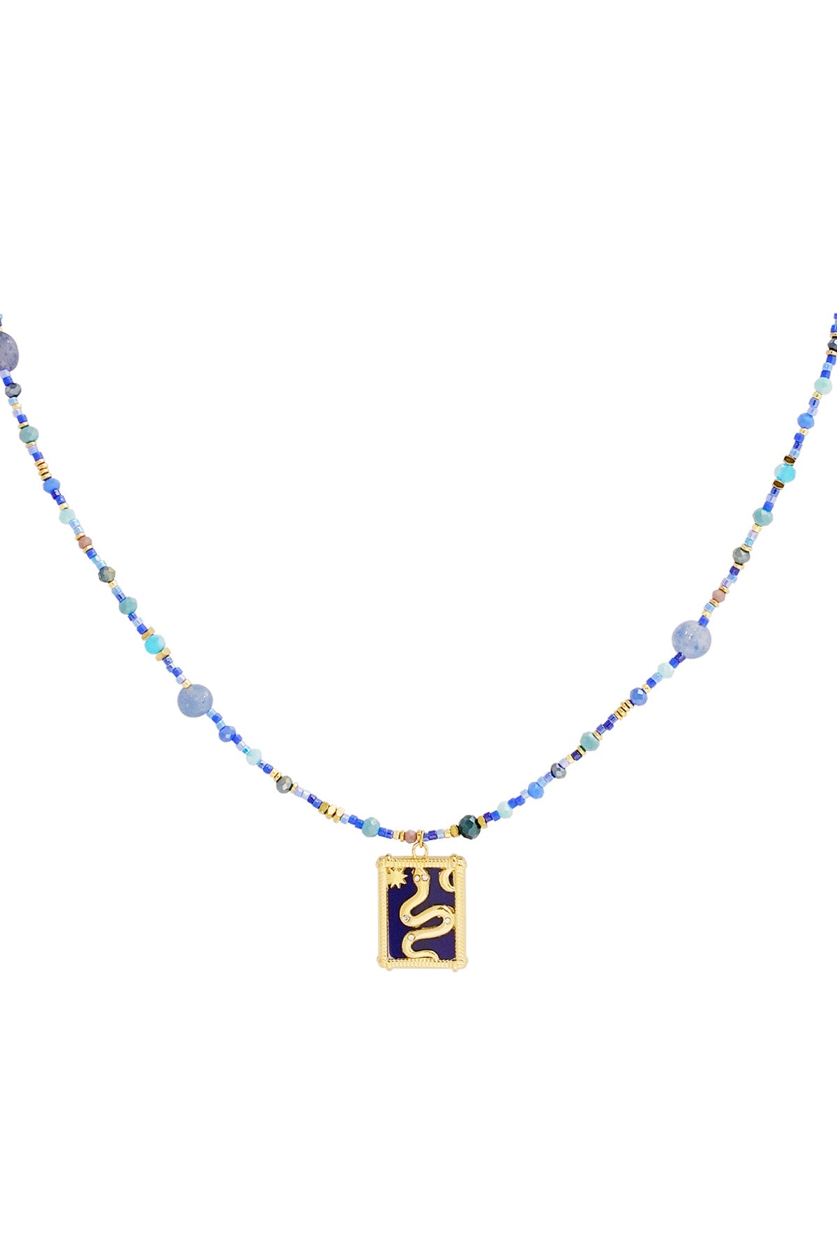 Close-up of a blue beaded necklace with a gold snake pendant on a white background
