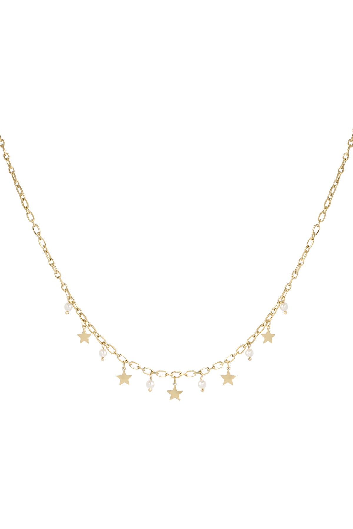 Gold-tone chain necklace with alternating small star charms and white pearl beads on a white background