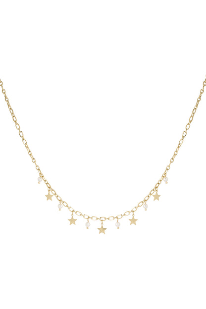 Gold-tone chain necklace with alternating small star charms and white pearl beads on a white background