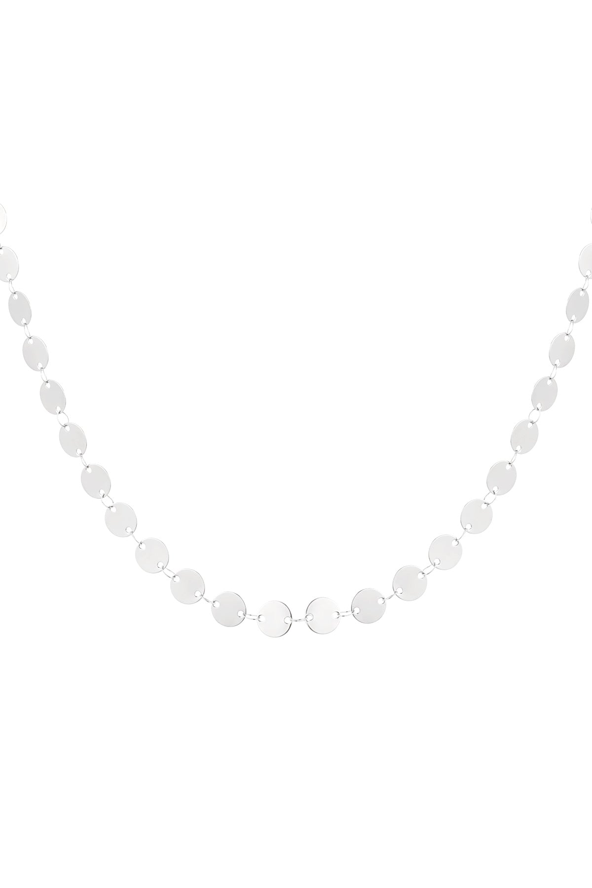 Silver-toned dainty disc chain necklace laid out flat on a white background highlighting its minimal, soft design.