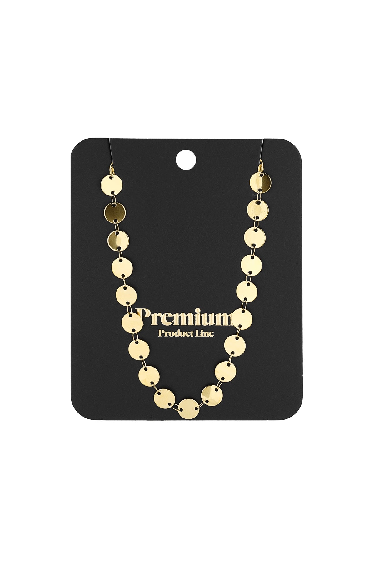 Gold-toned disc chain necklace displayed on a black card labeled 'Premium Product Line' emphasizing boutique quality.