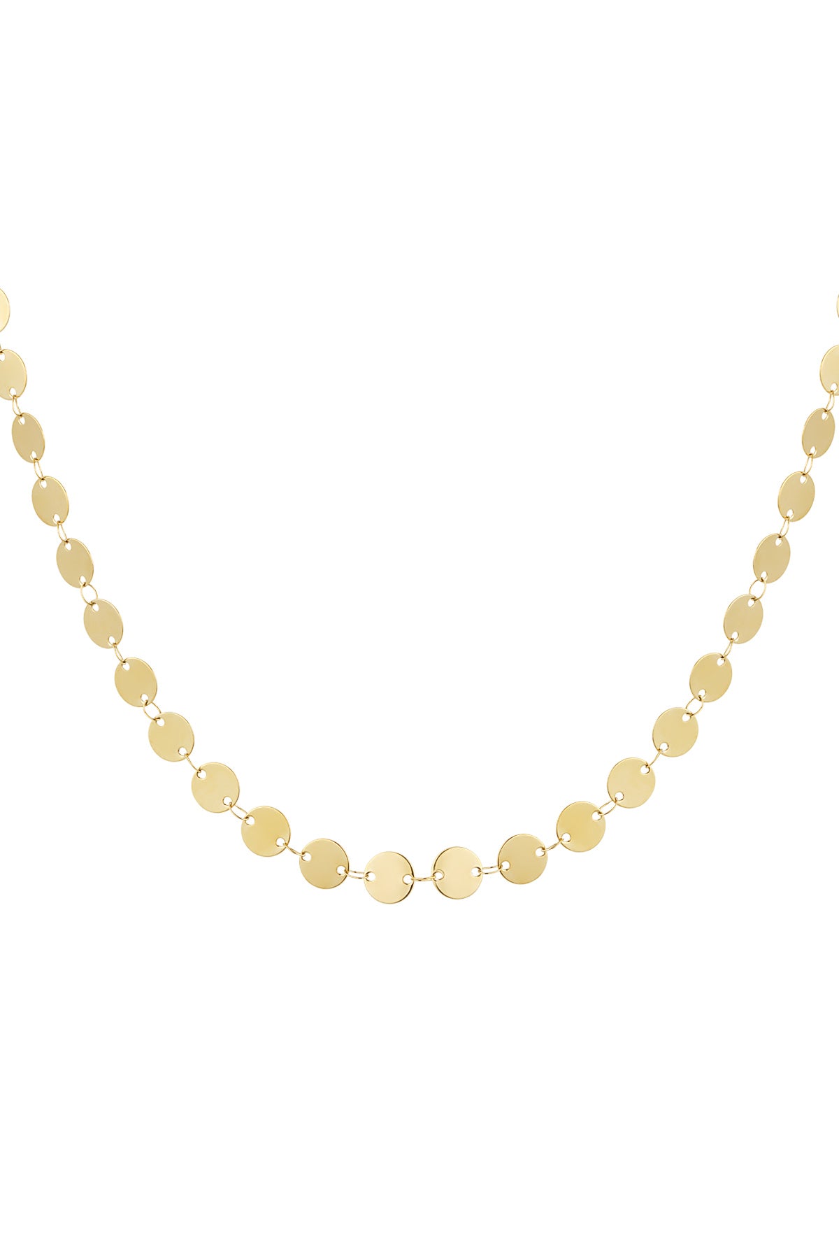 Close-up image of a gold-toned dainty disc chain necklace with small round mirrors linked in a delicate chain.