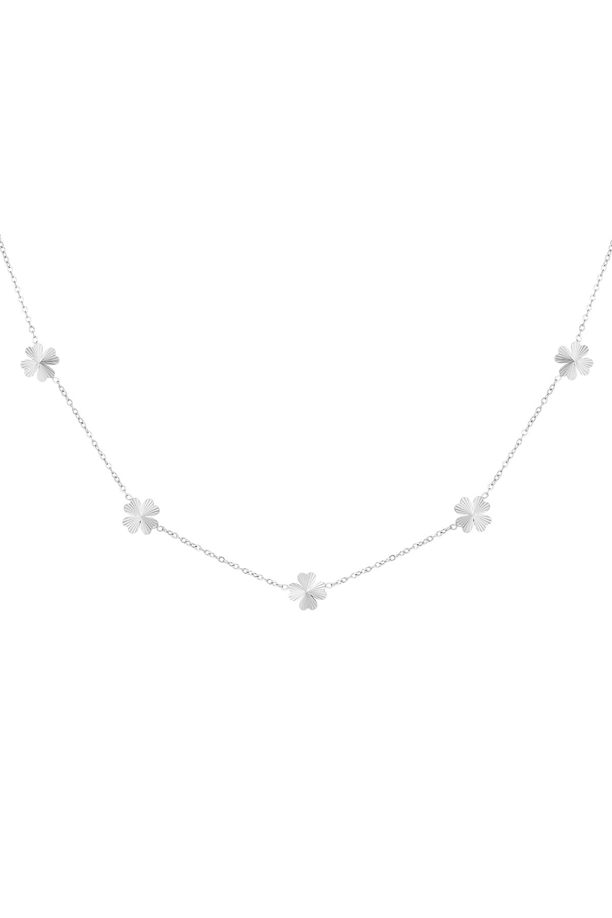 Silver tone four-leaf clover necklace shown on white background
