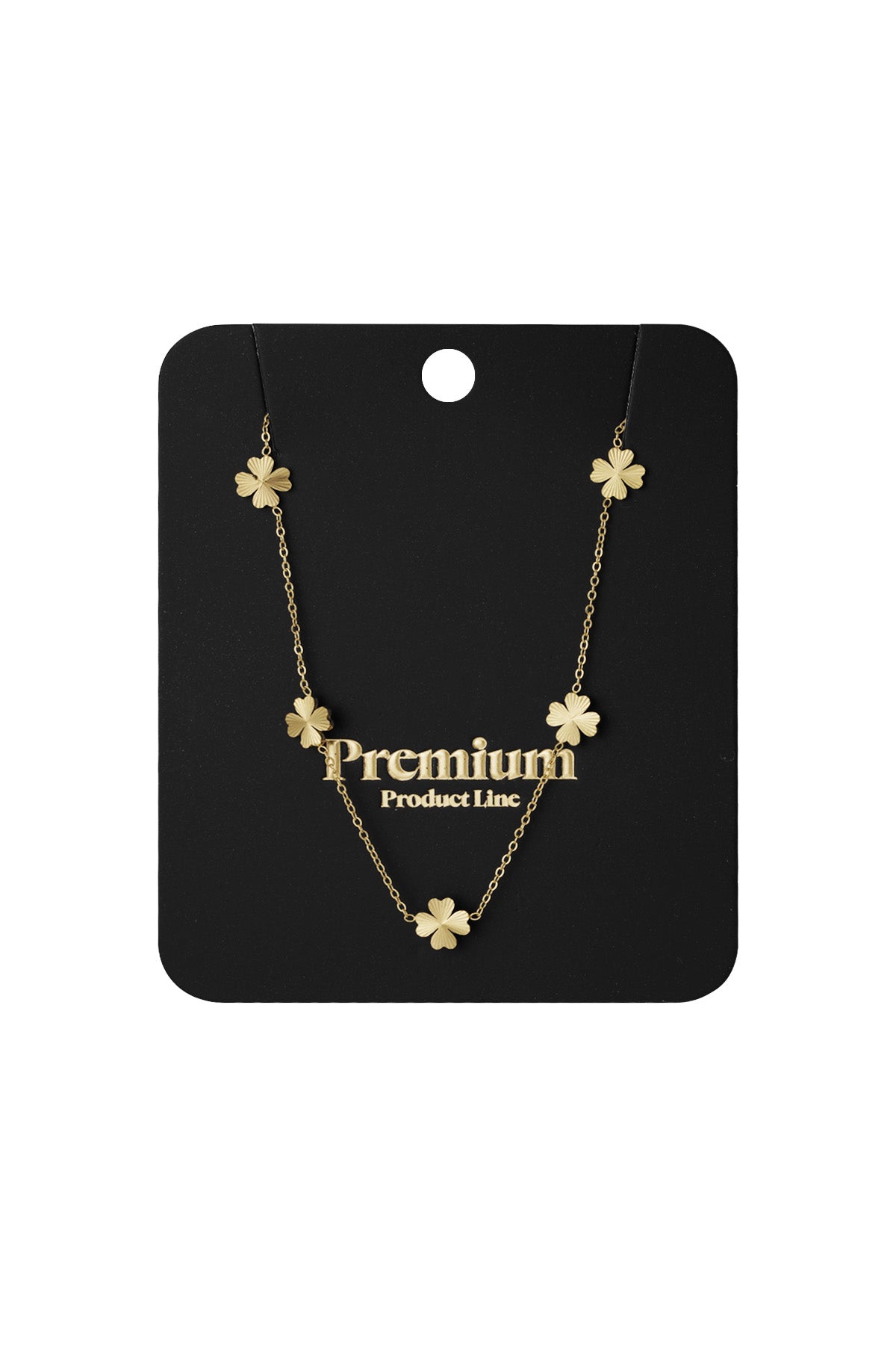 Gold tone four-leaf clover necklace displayed on black premium product card