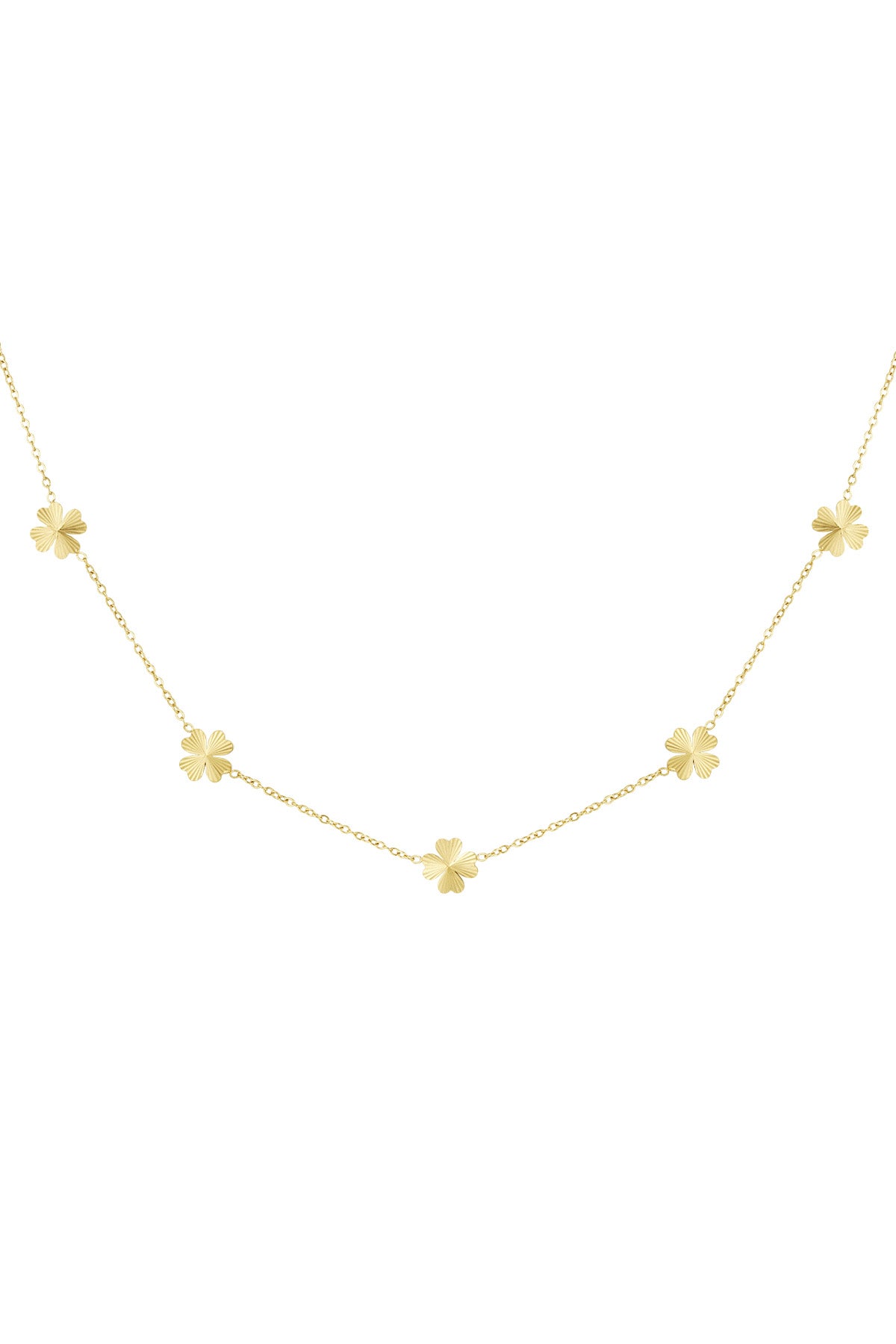 Gold tone chain necklace with five four-leaf clover charms evenly spaced