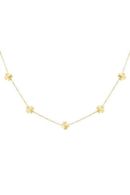 Gold tone chain necklace with five four-leaf clover charms evenly spaced