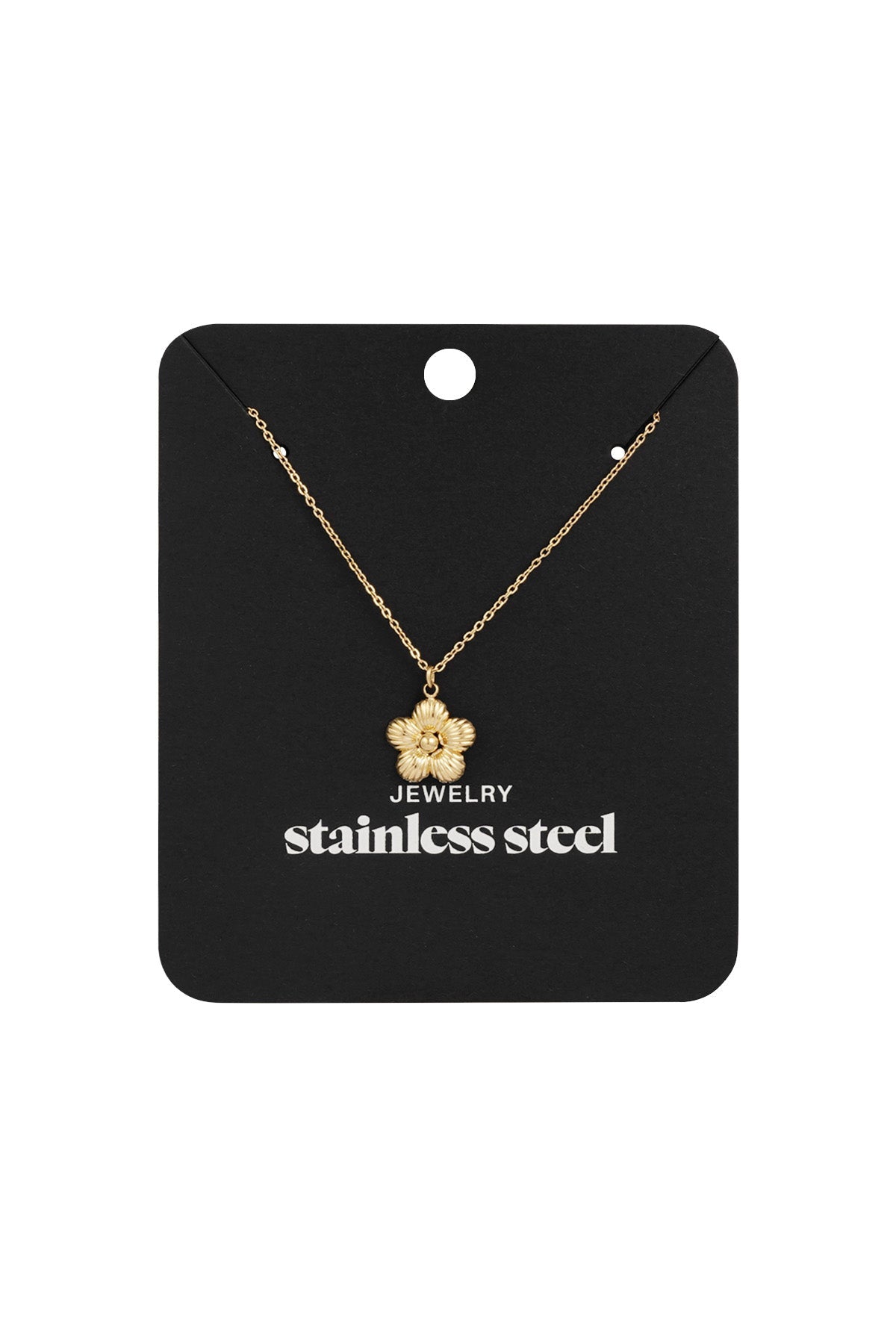 Gold flower pendant necklace displayed on black card reading 'stainless steel jewelry'