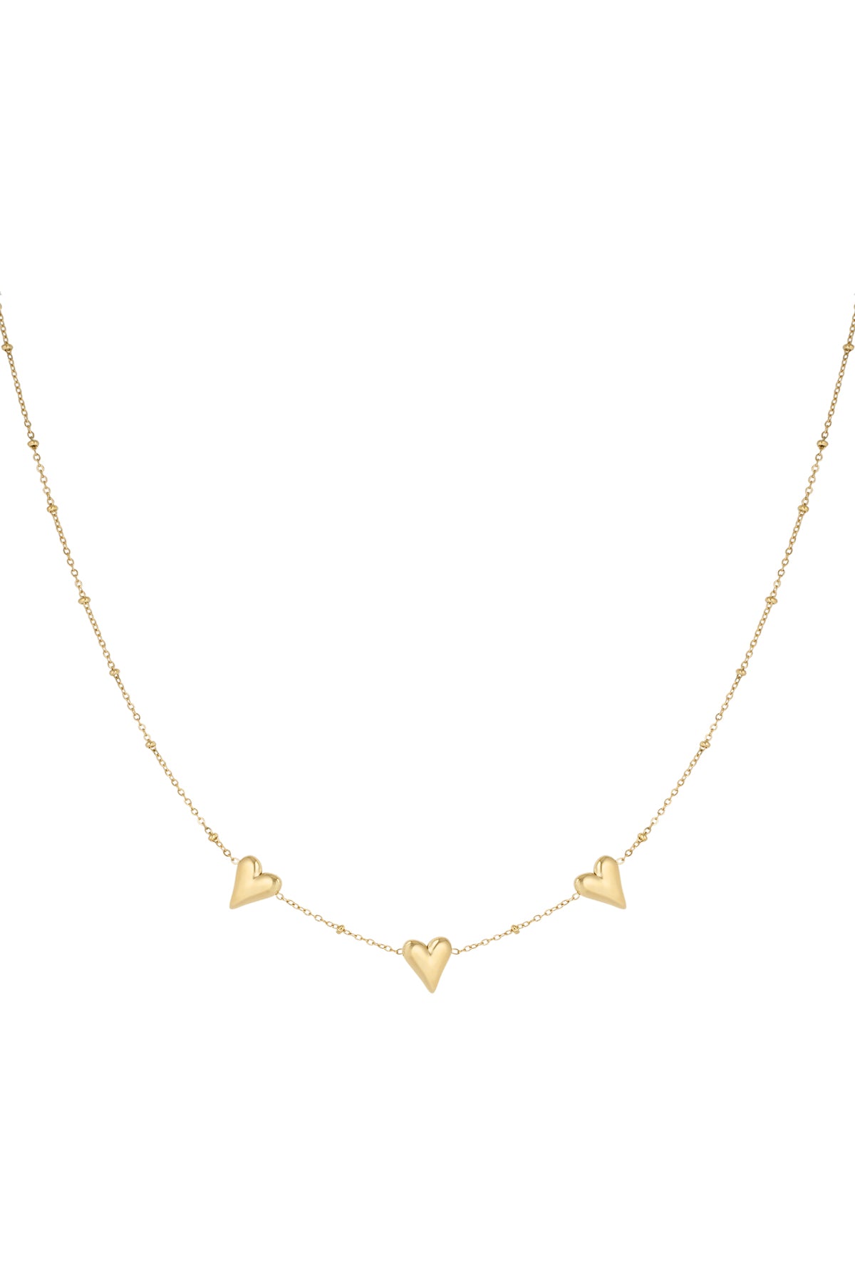 Delicate gold-tone chain necklace with three polished heart-shaped pendants evenly spaced on a fine chain with tiny bead details