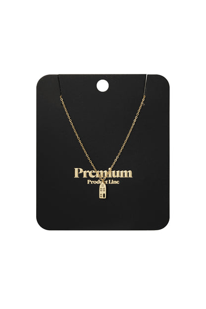 Gold cityscape pendant necklace displayed on a black Premium Product Line card