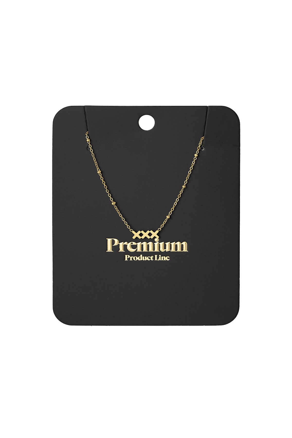 Gold XXX pendant necklace displayed on black card reading Premium Product Line