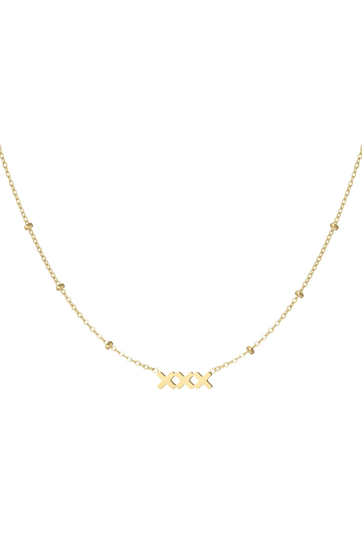 Gold minimalist necklace with XXX pendant and beaded accents on fine chain
