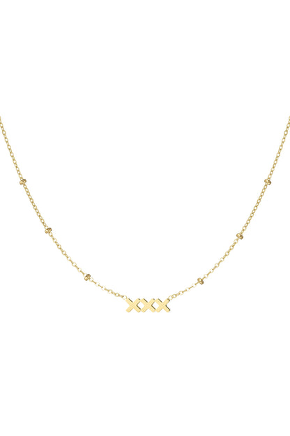 Gold minimalist necklace with XXX pendant and beaded accents on fine chain