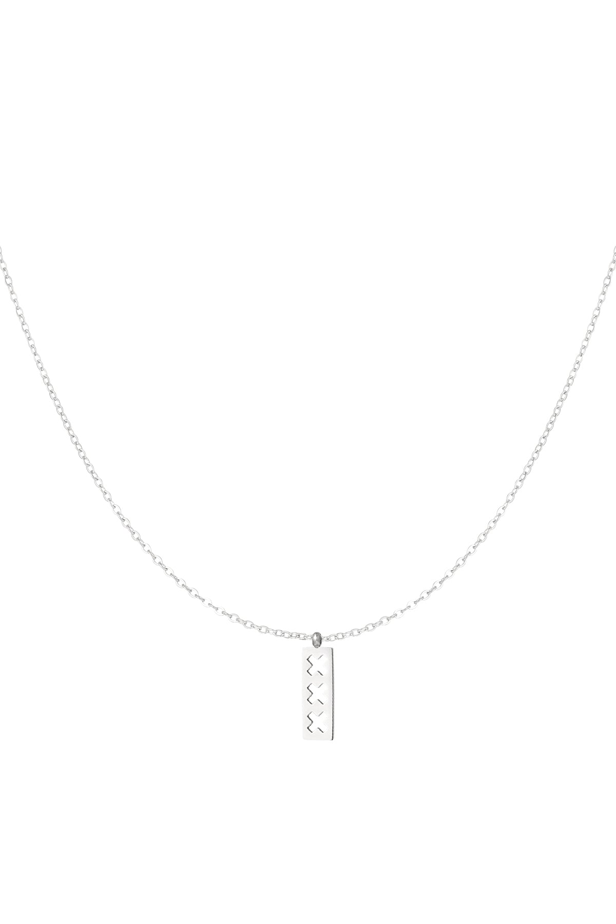 Silver minimalist necklace with a rectangular pendant featuring three cut-out X shapes, displayed on a white background.