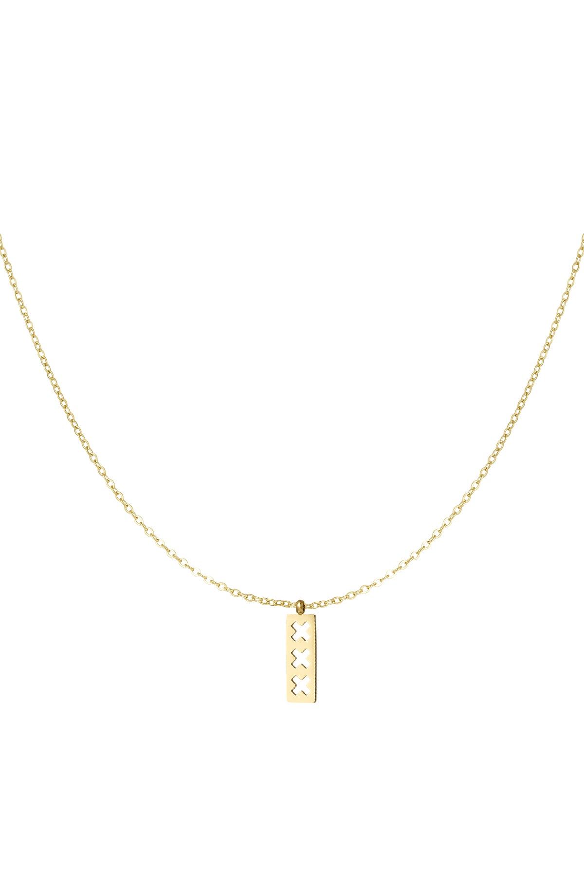 Gold minimalist necklace with a rectangular pendant featuring three cut-out X shapes, displayed on a white background.