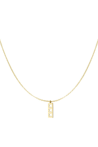 Gold minimalist necklace with a rectangular pendant featuring three cut-out X shapes, displayed on a white background.