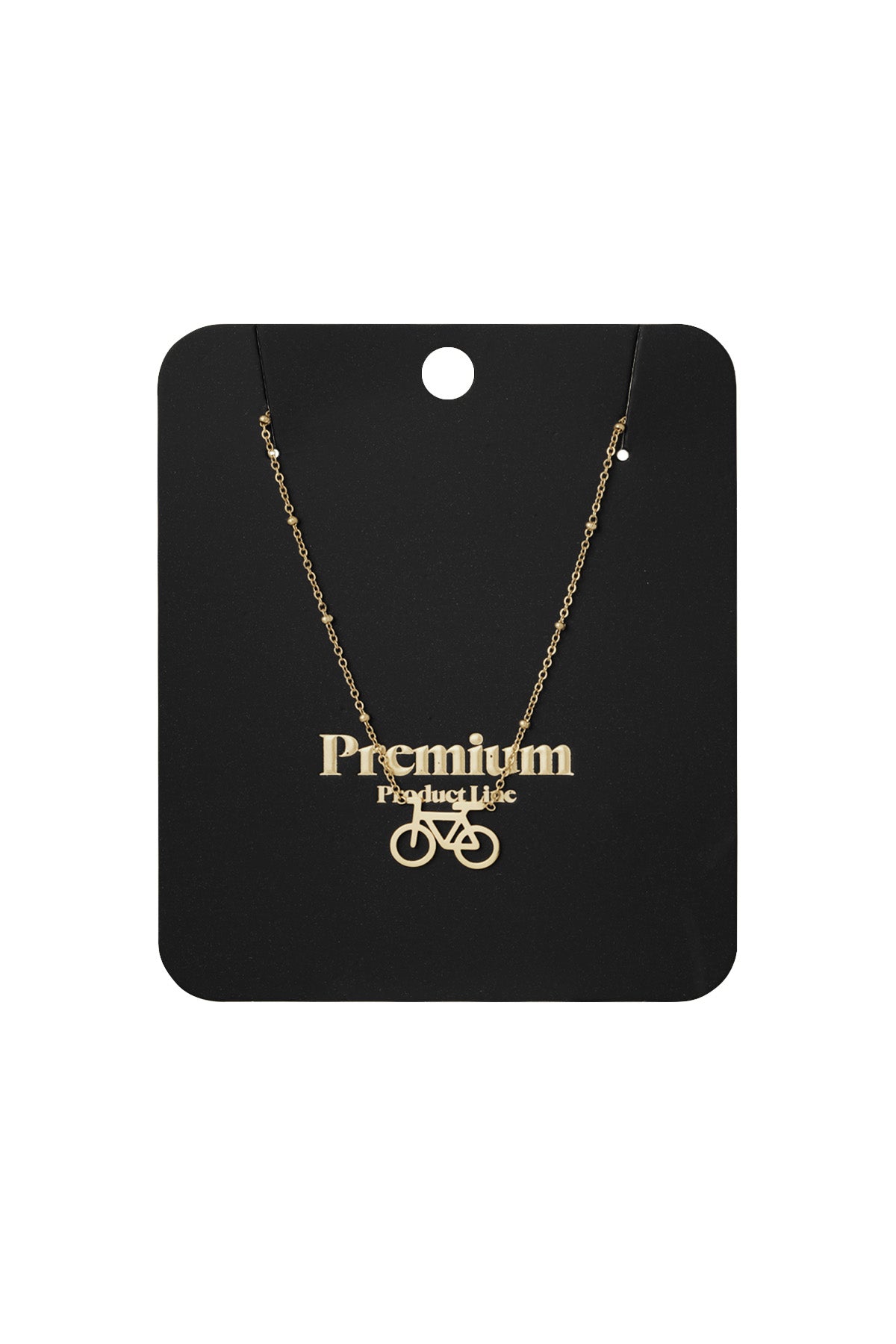 Gold cycle chic pendant necklace displayed on black premium product card