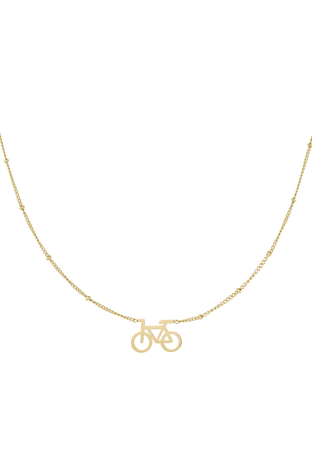 Gold cycle chic pendant necklace with delicate beaded chain on white background