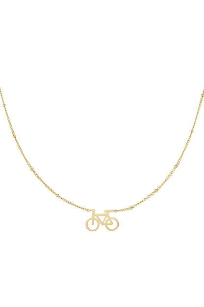 Gold cycle chic pendant necklace with delicate beaded chain on white background
