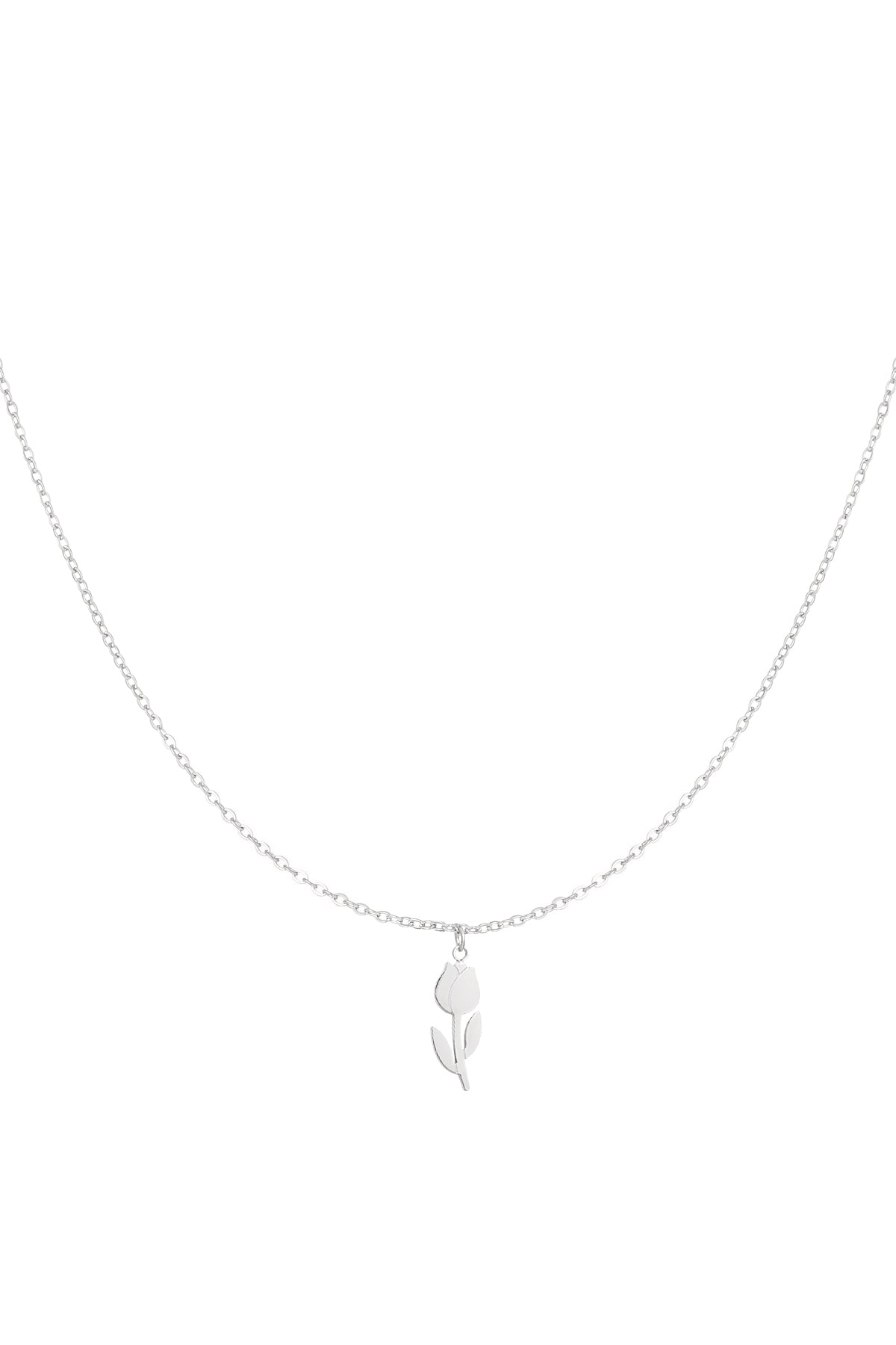 Silver-tone delicate chain necklace with a small tulip flower pendant on a white background