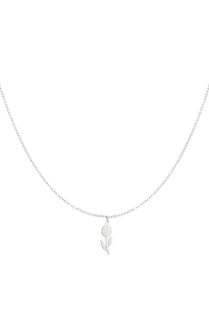 Silver-tone delicate chain necklace with a small tulip flower pendant on a white background