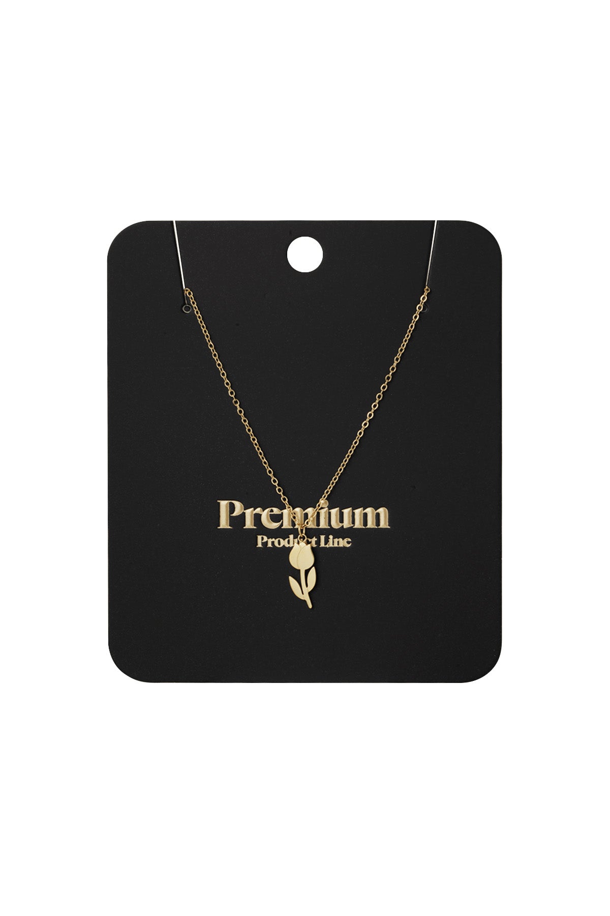 Gold-tone tulip pendant necklace displayed on a black Premium Product Line card