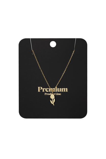 Gold-tone tulip pendant necklace displayed on a black Premium Product Line card