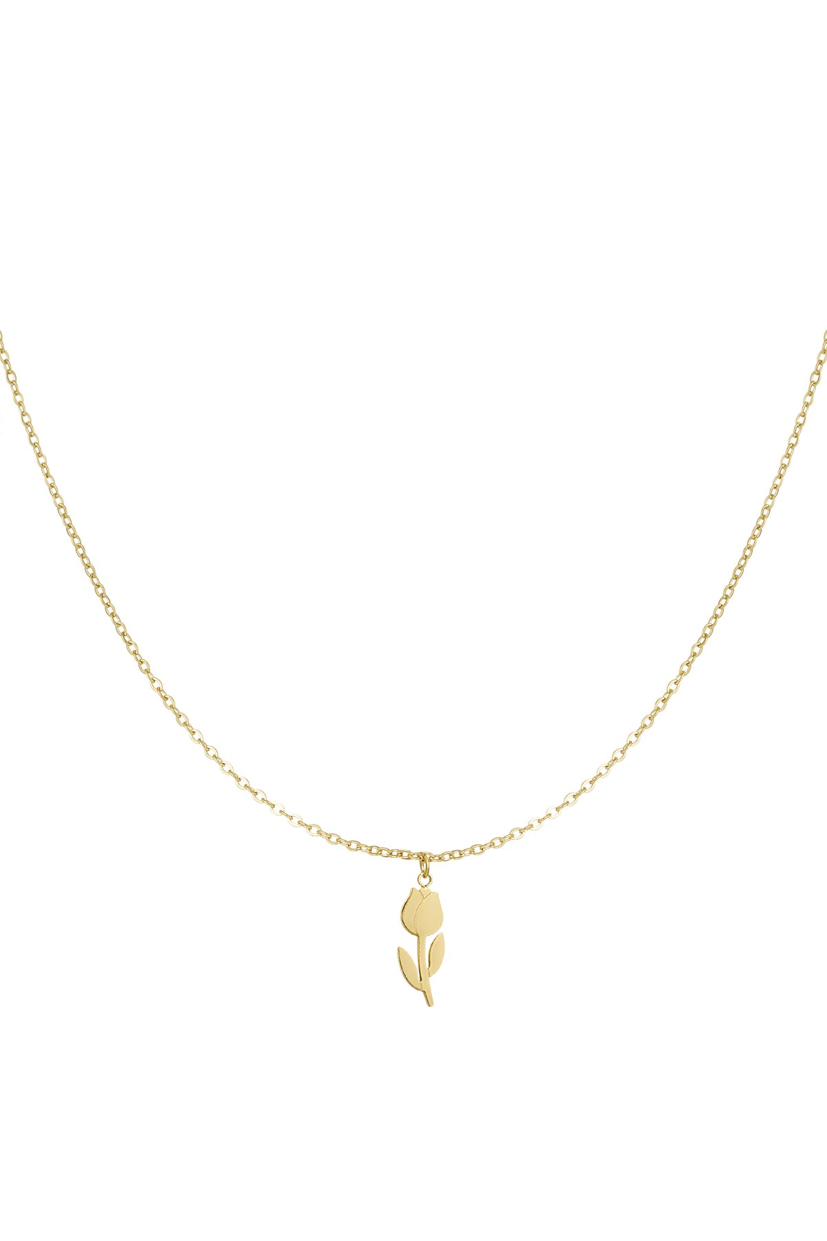 Gold-tone delicate chain necklace with a small tulip flower pendant on a white background