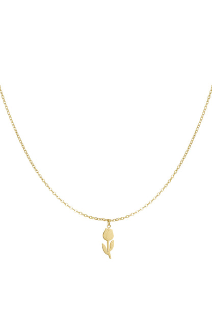 Gold-tone delicate chain necklace with a small tulip flower pendant on a white background