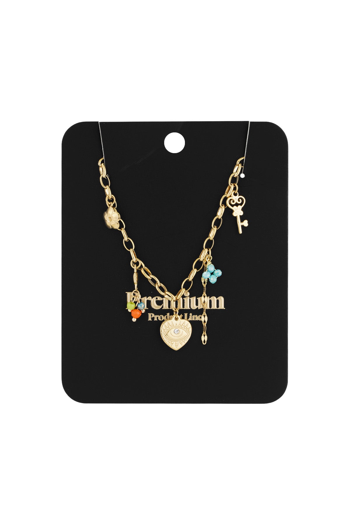 Golden charm link necklace displayed on black jewellery card with assorted pendants and colourful bead details