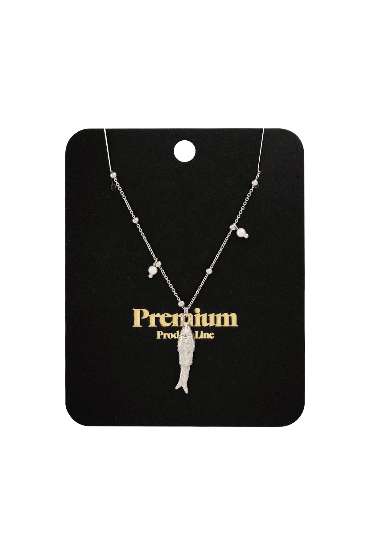 Silver fish charm necklace displayed on black premium product card